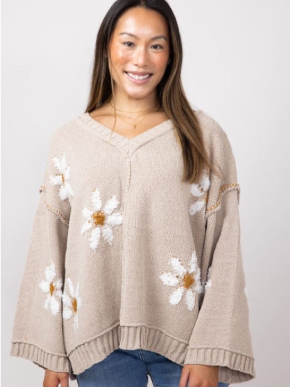 Miracle Taupe V-Neck Knit Sweater with White Daisy Embroidery